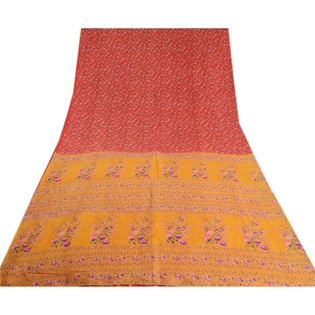 Sanskriti Vintage Sarees From Indian Red Printed Pure Silk Sari 5Yd Craft Fabric, PR-63903