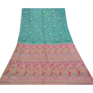 Sanskriti Vintage Sarees From India Green Pure Silk Printed Sari Craft Fabric, PR-61641