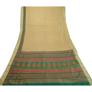 Sanskriti Vintage Sarees Cream Printed 100% Pure Silk Sari Floral Craft Fabric, PR-63921