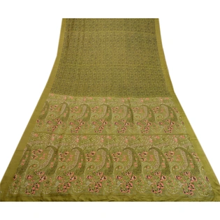 Sanskriti Vintage Sarees Green From India Printed Pure Silk Sari Craft Fabric, PR-63940