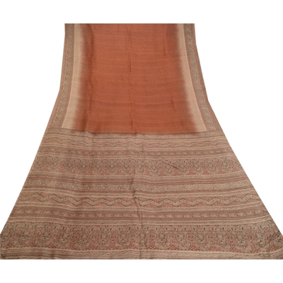 Sanskriti Vintage Indian Sarees Brown Pure Silk Printed Sari Floral Craft Fabric, PR-61395