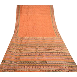 Sanskriti Vintage Peach Indian Sarees Pure Silk Printed Sari 5Yd Craft Fabric, PR-59133