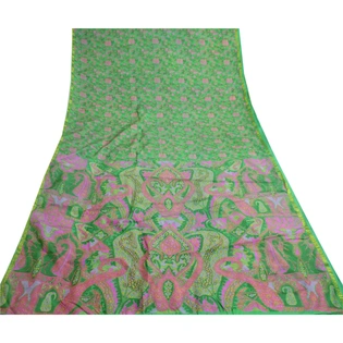 Sanskriti Vintage Green Sarees 100% Pure Silk Printed Sari Floral Craft Fabric, PR-59037