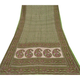 Sanskriti Vintage Green Sarees 100% Pure Silk Printed Fabric Craft Sewing Sari, PR-52443