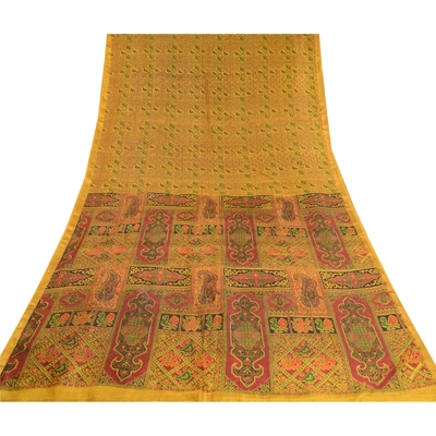 Sanskriti Vintage Sarees Green Pure Silk Printed Zari Border Sari Craft Fabric, PR-62385