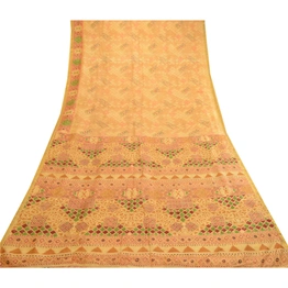 Sanskriti Vintage Sarees Beige Pure Silk Printed Zari Border Sari Craft Fabric, PR-62272