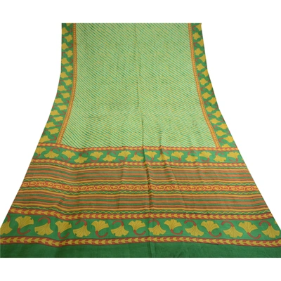 Sanskriti Vintage Green Sarees 100% Pure Silk Printed Sari Floral Craft Fabric, PR-59020