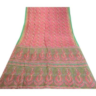 Sanskriti Vintage Sarees Pink Indian Printed 100% Pure Silk Sari Craft Fabric, PR-63855