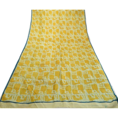 Sanskriti Vintage Sarees Indian Yellow Pure Silk Printed Sari Soft Craft Fabric, PR-63868