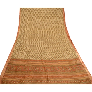 Sanskriti Vintage Cream Sarees Pure Silk Printed Zari Border Sari Craft Fabric, PR-59556