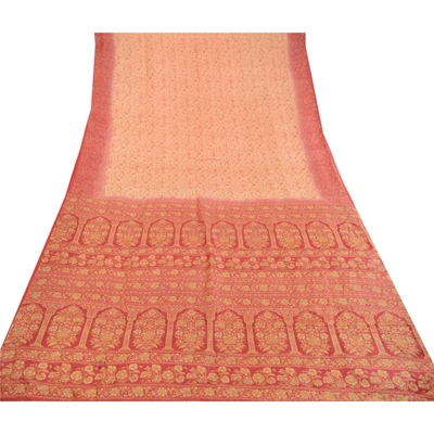 Sanskriti Vintage Cream Sarees Printed 100% Pure Silk Sari Soft 5Yd Craft Fabric, PR-59567