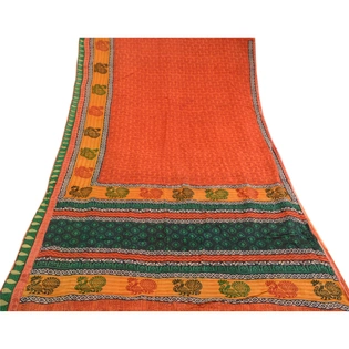 Sanskriti Vintage Orange Sarees Pure Silk Peacock Printed Sari 5Yd Craft Fabric, PR-59384