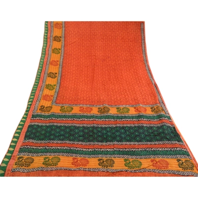 Sanskriti Vintage Orange Sarees Pure Silk Peacock Printed Sari 5Yd Craft Fabric, PR-59384