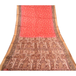 Sanskriti Vintage Red Indian Sarees Pure Silk Printed Sari Floral Craft Fabric, PR-59316