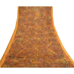 Sanskriti Vintage Sarees Saffron Pure Silk Printed Floral Sari Soft Craft Fabric, PR-61989