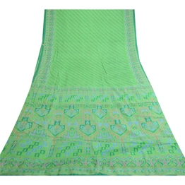 Sanskriti Vintage Sarees Green Pure Silk Printed Sari 5Yd Floral Craft Fabric, PR-62046