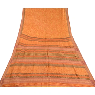 Sanskriti Vintage Sarees Orange Block Printed Pure Silk Sari Soft Craft Fabric, PR-61910