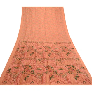 Sanskriti Vintage Sarees Peach 100% Pure Silk Printed Sari Floral Craft Fabric, PR-61930