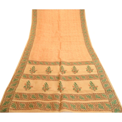 Sanskriti Vintage Sarees Beige Animal Block Printed Pure Silk Sari Craft Fabric, PR-62055