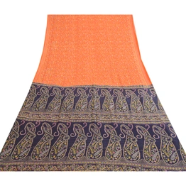 Sanskriti Vintage Sarees From India Orange Pure Silk Printed Sari Craft Fabric, PR-62056