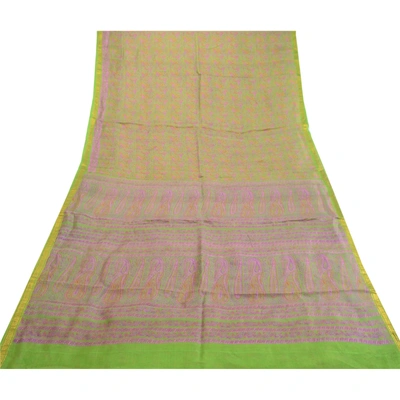 Sanskriti Vintage Sarees Green Zari Border Pure Silk Printed Sari Craft Fabric, PR-63830