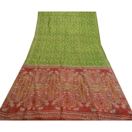 Sanskriti Vintage Sarees From India Green Pure Silk Printed Sari Craft Fabric, PR-63833