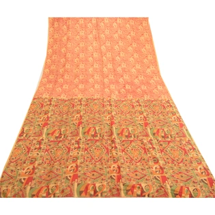 Sanskriti Vintage Sarees Yellow Women Fish Printed Pure Silk Sari Craft Fabric, PR-61878