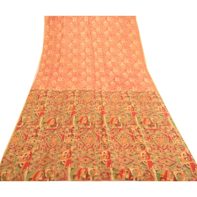 Sanskriti Vintage Sarees Yellow Women Fish Printed Pure Silk Sari Craft Fabric, PR-61878