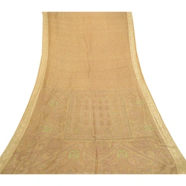 Sanskriti Vintage Sarees From India Beige Pure Silk Printed Sari Craft Fabric, PR-61451