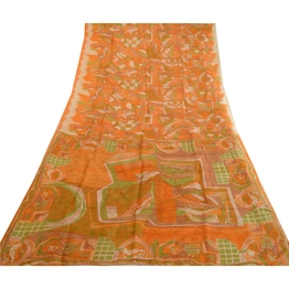 Sanskriti Vintage Sarees Orange Indian Printed 100% Pure Silk Sari Craft Fabric, PR-63714