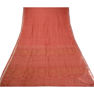 Sanskriti Vintage Sarees Red Zari Border Pure Silk Printed Sari 5Yd Craft Fabric, PR-64055