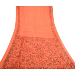 Sanskriti Vintage Peach Indian Sarees 100% Pure Silk Printed Sari Craft Fabric, PR-58954