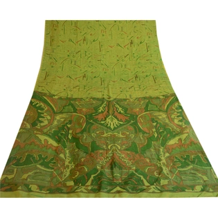 Sanskriti Vintage Indian Green Printed Sarees Pure Silk Sari Soft Craft Fabric, PR-57941