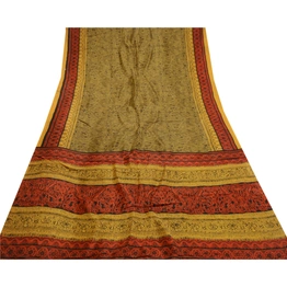 Sanskriti Vintage Mustard Yellow Sarees 100% Pure Silk Printed Sari Craft Fabric, PR-58596