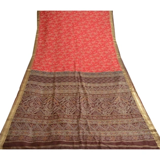 Sanskriti Vintage Scarlet Indian Sarees 100% Pure Silk Printed Sari Craft Fabric, PR-57821