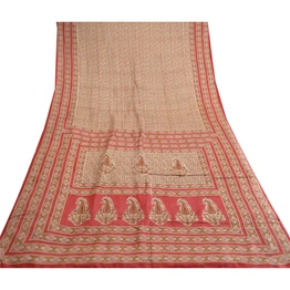 Sanskriti Vintage Red Indian Pure Silk Sarees Printed Sari Floral Craft Fabric, PR-57304