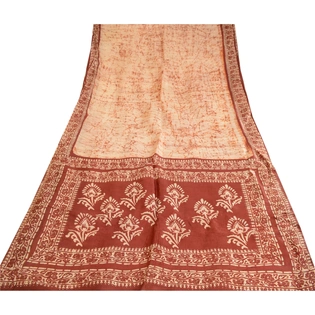 Sanskriti Vintage Sarees Cream Batik Printed Pure Silk Sari Floral Craft Fabric, PR-62625