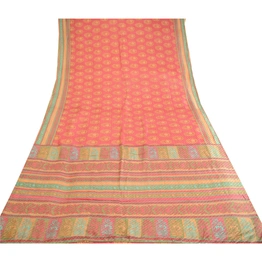 Sanskriti Vintage Sarees Pink Block Printed Pure Silk Sari Soft 5Yd Craft Fabric, PR-62778