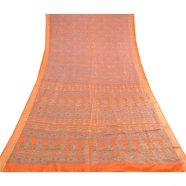 Sanskriti Vintage Sarees Orange Printed Pure Silk Sari Floral Soft Craft Fabric, PR-62779