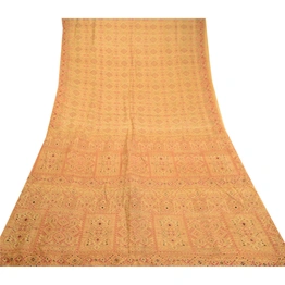 Sanskriti Vintage Beige Indian Pure Silk Printed Sarees Sari 5Yd Craft Fabric, PR-59280