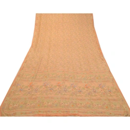 Sanskriti Vintage Sarees Peach Hand Beaded Pure Silk Printed Sari Craft Fabric, PR-64234