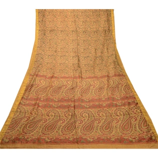 Sanskriti Vintage Sarees Caramel Pure Silk Printed Zari Border Sari Craft Fabric, PR-62512