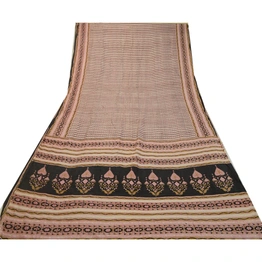 Sanskriti Vintage Sarees Ivory 100% Pure Silk Printed Sari 5Yd Soft Craft Fabric, PR-64231