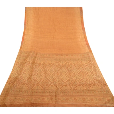 Sanskriti Vintage Saffron 100% Pure Silk Print Sarees Sari Floral Craft Fabric, PR-59283