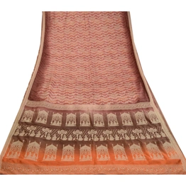 Sanskriti Vintage Pink Baluchari Mythological Sarees Pure Silk Print Sari Fabric, PR-59216