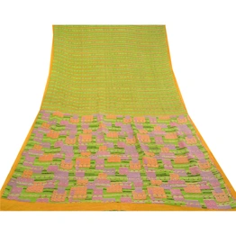 Sanskriti Vintage Green Printed Sarees Pure Silk Soft Sari Floral Craft Fabric, PR-59257