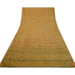 Sanskriti Vintage Yellow Sarees Pure Silk Printed Floral Sari 5Yd Craft Fabric, PR-59243