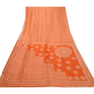 Sanskriti Vintage Sarees Orange Indian Pure Silk Printed Sari Soft Craft Fabric, PR-64255