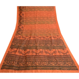 Sanskriti Vintage Orange Sarees Pure Silk Peacock Printed Sari 5Yd Craft Fabric, PR-57797