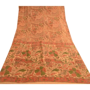 Sanskriti Vintage Saffron Indian Pure Silk Sarees Printed Sari 5Yd Craft Fabric, PR-57530